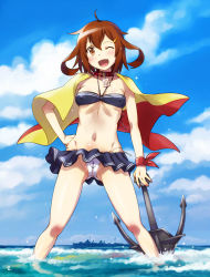 Rule 34 | 1girl, aged up, anchor, anchor symbol, beach, bikini, bikini under clothes, blue sky, blush, breasts, brown eyes, brown hair, covered erect nipples, day, destroyer, gradient sky, hair between eyes, hair ornament, hairclip, ikazuchi (kancolle), kantai collection, military, military vehicle, ocean, one eye closed, open mouth, pleated skirt, ship, short hair, skirt, sky, small breasts, smile, solo, swimsuit, swimsuit under clothes, warship, watercraft