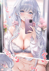 Rule 34 | 1boy, 1girl, blue eyes, bra, brand name imitation, breasts, cellphone, cleavage, commentary request, flower, hair flower, hair intakes, hair ornament, hairpin, highres, holding, holding phone, indoors, iphone, large breasts, light particles, looking at viewer, low twintails, machi (7769), mirror, mole, mole on breast, motion lines, navel, off shoulder, open clothes, open shirt, original, phone, reflection, selfie, sex, sex from behind, shirt, smartphone, smile, stomach, tile wall, tiles, twintails, underwear, upper body, white bra, white flower, white hair, white shirt