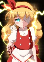 Rule 34 | 1boy, 1girl, absurdres, animal ears, apron, back bow, bandages, blonde hair, blood, blush, bow, brick wall, buttons, cat, cat ears, closed mouth, commentary request, curly hair, electricity, ellen (touhou), expressionless, green eyes, hair bow, hairband, highres, long hair, one eye covered, puffy short sleeves, puffy sleeves, red bow, red hairband, red skirt, red vest, seirudo, shirt, short sleeves, skirt, sokrates (touhou), touhou, touhou (pc-98), turtleneck, vest, waist apron, white apron, white cat, white shirt