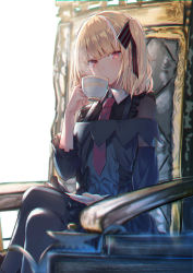 Rule 34 | 1girl, black pantyhose, blonde hair, blurry, chair, commentary, crossed legs, cup, depth of field, drinking, english commentary, feet out of frame, hair ribbon, hakuishi aoi, holding, holding cup, looking at viewer, medium hair, multicolored hair, necktie, original, pantyhose, pink eyes, plate, red necktie, ribbon, shirt, simple background, sitting, skirt, solo, streaked hair, teacup, teapot, two side up, white background, white hair, wing collar