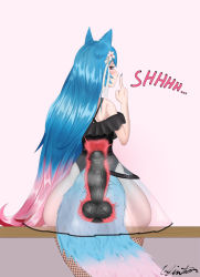 Rule 34 | 1girl, animal ears, blue hair, dildo, dildo reveal, dildo riding, discreet vibrator, finger to mouth, fishnets, from behind, glinter1, knotted dildo, looking at viewer, looking back, nail polish, narrow waist, object insertion, sex toy, shushing, silvervale, simple background, sitting, tail, transparent skirt, uterus, vaginal, vaginal object insertion, virtual youtuber, vshojo, wide hips, wolf ears, wolf girl, wolf tail, x-ray