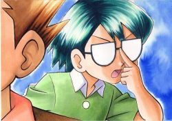 Rule 34 | 2boys, adjusting eyewear, blue background, brock (pokemon), brown hair, buttons, collared shirt, commentary request, creatures (company), dark-skinned male, dark skin, game freak, glasses, green hair, green shirt, hand up, highres, male focus, max (pokemon), multiple boys, nintendo, oka mochi, open mouth, pokemon, pokemon (anime), pokemon rse (anime), shirt, short hair, short sleeves, spiked hair, tongue, traditional media, v-shaped eyebrows