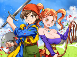 Rule 34 | 1girl, bare shoulders, breasts, cleavage, dragon quest, dragon quest viii, dress, earrings, hero (dq8), highres, jessica albert, jewelry, large breasts, mitsuju you, necklace, twintails