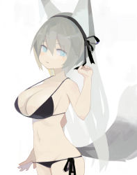 Rule 34 | animal ears, bare arms, bare shoulders, bikini, black bikini, black hairband, black ribbon, blue eyes, blush, breasts, cleavage, collarbone, commentary request, fox ears, fox girl, fox tail, grey hair, groin, hair between eyes, hair ribbon, hairband, hand up, large breasts, long hair, looking at viewer, navel, original, paprika shikiso, parted lips, ribbon, side-tie bikini bottom, solo, swimsuit, tail, very long hair, white background
