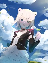 Rule 34 | 1girl, absurdres, animal ears, bear ears, bear girl, blush, chisato beatani, cloud, clover, comfycal, dress, fang, four-leaf clover, green eyes, highres, indie virtual youtuber, jacket, kumagai chisato, looking at viewer, sky, solo, virtual youtuber, white hair