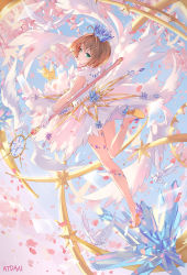 Rule 34 | 1girl, artist name, atdan, blue sky, blush, cardcaptor sakura, closed mouth, crown, day, dress, flower, gloves, green eyes, hair between eyes, high heels, highres, holding, holding wand, horizon, kero (cardcaptor sakura), kinomoto sakura, light brown hair, looking at viewer, looking back, looking to the side, mini crown, outdoors, petals, pink flower, reflection, sky, sleeveless, sleeveless dress, smile, wand, white dress, white footwear, white gloves