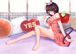 Rule 34 | 1girl, absurdres, animal ears, arm garter, ass, babydoll, bare legs, bare shoulders, barefoot, blush, breasts, brown hair, cat ears, cat girl, cat tail, clock eyes, date a live, feet, food, from side, fruit, full body, hair over one eye, heart, heart-shaped pillow, heterochromia, highres, legs, long hair, looking at viewer, mandarin orange, medium breasts, midriff, navel, pillow, pocky, red eyes, smile, solo, spaghetti strap, strawberry, symbol-shaped pupils, tail, thighs, tokisaki kurumi, yellow eyes, yes-no pillow