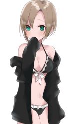 Rule 34 | 10s, 1girl, bad id, bad twitter id, bare shoulders, bikini, black bikini, black jacket, blonde hair, blush, breasts, cleavage, collarbone, covering own mouth, cowboy shot, frilled bikini, frills, front-tie bikini top, front-tie top, gradient background, green eyes, idolmaster, idolmaster cinderella girls, jacket, long sleeves, looking at viewer, misumi (macaroni), navel, off shoulder, open clothes, open jacket, ribbon, short hair, simple background, sleeves past wrists, solo, standing, stomach, swimsuit, tada riina, tareme, thigh gap, thighs, white ribbon