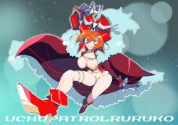Rule 34 | 10s, 1girl, boots, breasts, chromatic aberration, cleavage, coat, fur trim, grin, hat, lalaco godspeed, large breasts, life fiber, mature female, ochiai maharu, orange hair, pirate, pirate hat, revealing clothes, short hair, skull and crossbones, smile, solo, thigh strap, typo, uchuu patrol luluco