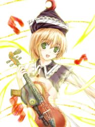 Rule 34 | 1girl, breasts, dissolving clothes, female focus, hat, instrument, kuku, lunasa prismriver, musical note, nipples, nude, short hair, solo, touhou, upper body, violin