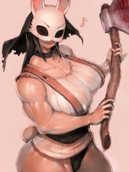 Rule 34 | 1girl, axe, breasts, choker, dead by daylight, eighth note, fumio (rsqkr), highres, holding, holding axe, holding weapon, huge breasts, lace, lace-trimmed shirt, lace trim, looking at viewer, mask, muscular, muscular female, musical note, rabbit mask, rabbit tail, shirt, simple background, sleeveless, smile, solo, suspenders, tail, the huntress (dead by daylight), weapon