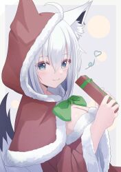 Rule 34 | 1girl, ahoge, animal ear fluff, animal ears, blush, border, box, braid, breasts, capelet, cleavage, commentary request, dress, earrings, fox ears, fox girl, fox tail, fur-trimmed capelet, fur-trimmed dress, fur trim, gift, gift box, green eyes, hair between eyes, heart, highres, holding, holding gift, hololive, hood, hood up, jewelry, long hair, looking at viewer, medium breasts, nekonosuke, red capelet, red dress, shirakami fubuki, sidelocks, single braid, smile, solo, tail, virtual youtuber, white hair