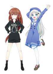 Rule 34 | 2girls, :&lt;, :d, absurdres, ahoge, alternate costume, arms up, bat hair ornament, beret, black footwear, black hoodie, black socks, blue dress, blue eyes, blue headwear, blush, boots, bow, brown footwear, brown hair, casual, character print, commentary request, cross-laced footwear, doruji, dress, footwear bow, frown, full body, grey hair, hair between eyes, hair ornament, hair ribbon, hands on own hips, happy, hat, hat bow, highres, hood, hood down, hoodie, little busters!, loafers, long hair, looking at viewer, multiple girls, natsume rin, natsuoto rito, noumi kudryavka, open mouth, outstretched arm, pantyhose, parted bangs, paw print, pink bow, ponytail, red eyes, ribbon, sailor collar, sailor dress, shoes, side-by-side, sidelocks, simple background, sleeves past wrists, smile, socks, standing, standing on one leg, tachi-e, very long hair, white background, white bow, white pantyhose, white ribbon, white sailor collar