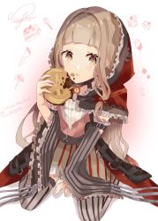 Rule 34 | 1girl, :o, artist request, bad id, bad pixiv id, blonde hair, character name, crepe, food, food on face, highres, holding, holding food, long hair, long sleeves, looking at viewer, open mouth, red hood, red riding hood (sinoalice), simple background, sinoalice, sitting, smile, solo, striped clothes, striped thighhighs, thighhighs, wariza, white background, yellow eyes
