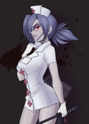 Rule 34 | 1girl, amanda evelyn earl, blood, blue hair, breasts, choker, cleavage, cross, dress, eyepatch, gloves, hat, highres, huge breasts, mask, mouth mask, nurse, nurse cap, ponytail, red cross, red eyes, saw, scar, short dress, skullgirls, solo, standing, surgical mask, thighs, valentine (skullgirls), weapon, white gloves