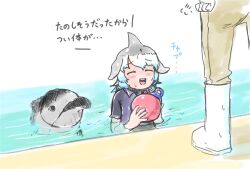 Rule 34 | 1girl, alternate costume, ball, blowhole, blue hair, blue shirt, blush, boots, brown pants, closed eyes, collared shirt, common bottlenose dolphin (kemono friends), dolphin, dolphin girl, dorsal fin, fins, grey hair, head fins, highres, in water, kemono friends, mujinamori tamakichi, multicolored hair, original, pants, shirt, short hair, short sleeves, sweatdrop, t-shirt, translation request, water, water drop, white footwear, white hair