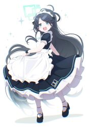 Rule 34 | 1girl, absurdly long hair, antenna hair, apron, aris (blue archive), aris (maid) (blue archive), black dress, black footwear, black hair, black wristband, blue archive, blue eyes, clothes lift, commentary, dress, drop shadow, frilled apron, frills, full body, gyorui (katsuwo drawing), halo, highres, long hair, looking at viewer, maid, mary janes, open mouth, ponytail, shoes, short sleeves, simple background, skirt, skirt lift, smile, socks, solo, sparkle, very long hair, white apron, white background, white socks