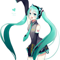 Rule 34 | 1girl, :3, animal ear headphones, arm up, axent wear, cat ear headphones, character name, cowboy shot, detached sleeves, fake animal ears, fang, green eyes, green hair, hatsune miku, headphones, long hair, matching hair/eyes, necktie, open mouth, simple background, skirt, sleeves past wrists, solo, stellate, twintails, very long hair, vocaloid, white background