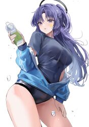 Rule 34 | 1girl, absurdres, blue archive, blue eyes, blue hair, blue jacket, blue shirt, blush, bottle, breasts, buruma, halo, highres, holding, holding bottle, jacket, large breasts, lillly, long hair, long sleeves, looking at viewer, official alternate costume, parted bangs, parted lips, shirt, simple background, solo, thighs, white background, yuuka (blue archive), yuuka (track) (blue archive)