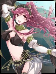 Rule 34 | 1girl, aiueo1234853, bad id, bad twitter id, bare shoulders, braid, breasts, cleavage, fire emblem, fire emblem awakening, fire emblem heroes, hairband, highres, long hair, medium breasts, navel, nintendo, olivia (fire emblem), open mouth, pink eyes, pink hair, ponytail, side braid, smile, solo, twin braids