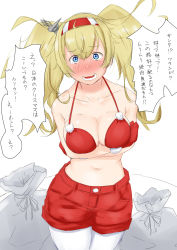 Rule 34 | 1girl, bikini, bikini top only, blonde hair, blue eyes, blush, breast hold, breasts, christmas, cleavage, crossed arms, gambier bay (kancolle), gloves, hair between eyes, hairband, highres, kantai collection, large breasts, pantyhose under shorts, long hair, looking at viewer, navel, niwatazumi, nose blush, open mouth, pantyhose, red bikini, red gloves, red shorts, shorts, solo, swimsuit, tearing up, translated, trash, twintails, white pantyhose, wide-eyed