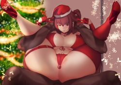 Rule 34 | 1boy, 1girl, anal ball wear, aster crowley, breasts, cameltoe, christmas, christmas tree, cleft of venus, collar, dark-skinned male, dark skin, fate/grand order, fate (series), folded, garter belt, hat, high heels, huge breasts, insertion clothing, large breasts, looking at viewer, reverse suspended congress, santa hat, scathach (fate), sex, sex from behind, smile, spread legs, thighhighs
