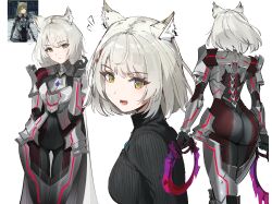 Rule 34 | 1girl, absurdres, animal ear fluff, animal ears, armor, ass, ass focus, cat ears, chest jewel, game screenshot inset, grey hair, highres, holding, holding weapon, m (xenoblade), mio (xenoblade), multiple views, official alternate costume, open mouth, ormille, reference inset, short hair, solo, weapon, xenoblade chronicles (series), xenoblade chronicles 3, yellow eyes
