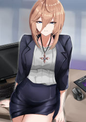 Rule 34 | 1girl, absurdres, aponia (honkai impact), black jacket, black skirt, blue eyes, brown hair, closed mouth, desk, grey shirt, hair between eyes, highres, honkai (series), honkai impact 3rd, jacket, jewelry, keyboard (computer), long hair, looking at viewer, monitor, mouse (computer), necklace, office lady, on desk, shirt, sitting, on desk, skirt, smile, solo, tian kazuki