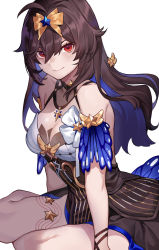 Rule 34 | 1girl, absurdres, bare shoulders, breasts, cleavage, closed mouth, collarbone, hair between eyes, hair ornament, highres, honkai (series), honkai impact 3rd, jewelry, large breasts, long hair, looking at viewer, multicolored hair, red eyes, seele (alter ego), seele vollerei, seele vollerei (starchasm nyx), simple background, sin (btc86amme), smirk, solo, two-tone hair, white background