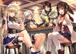 Rule 34 | 1boy, 3girls, :d, alcohol, bad id, bad twitter id, bare shoulders, beer, beer mug, black gloves, black hair, blonde hair, blue eyes, breasts, brown eyes, cleavage, copyright request, crossed legs, cup, detached sleeves, elbow gloves, froth, gloves, gun, hair ribbon, handgun, holding, holding gun, holding weapon, holster, large breasts, long hair, maid, maid headdress, monety, mug, multiple girls, neck ribbon, novel illustration, official art, open mouth, parted lips, pistol, puffy short sleeves, puffy sleeves, red scarf, ribbon, robe, scarf, short sleeves, silver hair, sitting, smile, table, thigh holster, thighhighs, twintails, very long hair, weapon, white legwear, wide sleeves, yellow eyes