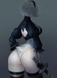 Rule 34 | 1girl, absurdres, ass, ass focus, back cutout, black gloves, breasts, clothing cutout, from behind, gg amang, gloves, grey hair, highres, holding, holding sword, holding weapon, juliet sleeves, katana, leotard, leotard pull, long sleeves, medium breasts, nier (series), nier:automata, puffy sleeves, short hair, solo, sweat, sword, thighhighs, weapon, wet, wet clothes, white leotard, 2b (nier:automata)