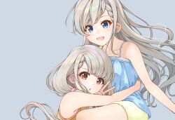 Rule 34 | 2girls, bare shoulders, blue camisole, blue eyes, blush, bow, braid, braided bangs, breasts, brown eyes, camisole, chestnut mouth, collarbone, dot nose, earrings, grey background, grey hair, hair bow, highres, hisakawa hayate, hisakawa nagi, hug, idolmaster, idolmaster cinderella girls, idolmaster cinderella girls starlight stage, jewelry, long hair, looking at viewer, low twintails, medium breasts, multiple girls, open mouth, pink bow, shirt, shorts, siblings, simple background, sisters, sleeveless, sleeveless shirt, smile, tsugaru (enoken), twins, twintails, v, very long hair, yellow shirt, yellow shorts