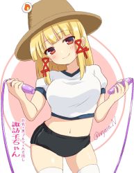 Rule 34 | 1girl, alternate costume, artist name, black shorts, blonde hair, blush, bow, breasts, brown hat, closed mouth, commentary request, eyes visible through hair, fire, hair bow, hair ornament, hands up, hat, highres, jump rope, large breasts, looking away, moriya suwako, navel, nnyara, pink background, puffy short sleeves, puffy sleeves, pyonta, red bow, red eyes, shirt, short hair, short sleeves, shorts, smile, solo, standing, t-shirt, thighhighs, touhou, translation request, white background, white shirt, white thighhighs