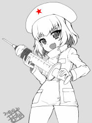Rule 34 | 10s, 1girl, :d, alternate costume, artist name, commentary request, cowboy shot, dated, dress, fang, fujimaru arikui, girls und panzer, greyscale, hat, holding, holding needle, katyusha (girls und panzer), long sleeves, looking at viewer, microdress, monochrome, needle, nurse, nurse cap, one-hour drawing challenge, open mouth, oversized object, short hair, signature, sitting, smile, solo, spot color, star (symbol), v-shaped eyebrows
