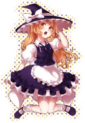 Rule 34 | 1girl, apron, bad id, bad pixiv id, blonde hair, bow, braid, brown eyes, female focus, hat, hat bow, highres, kirisame marisa, kneeling, konya (chocolate palette), long hair, open mouth, single braid, solo, touhou, waist apron, witch, witch hat