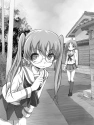 Rule 34 | 2girls, blouse, building, closed mouth, commentary request, girls und panzer, glasses, gofu, greyscale, kneehighs, leaning forward, loafers, long hair, long sleeves, looking at viewer, maruyama saki, miniskirt, monochrome, multiple girls, neckerchief, ooarai school uniform, oono aya, outdoors, pleated skirt, pointing, pointing up, ribbon, road, round eyewear, school uniform, serafuku, shirt, shoes, skirt, smile, socks, standing, street, tree, twintails