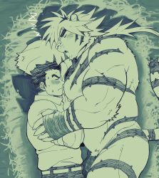 Rule 34 | 2boys, animal ears, ass, bara, belly, blush, completely nude, ezaki papiko, face to pecs, furry, furry male, furry with non-furry, highres, interspecies, large pectorals, lying, macan (housamo), male focus, protagonist 3 (housamo), monochrome, multiple boys, muscular, muscular male, nipples, nude, on side, pectorals, sleeping, thick eyebrows, thighs, tiger boy, tiger ears, tokyo houkago summoners, upper body, yaoi