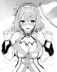 Rule 34 | 1girl, blush, breasts, cleavage, copyright request, fingernails, greyscale, hair ornament, hairband, hands up, highres, kojima saya, large breasts, long sleeves, looking at viewer, lying, medium hair, monochrome, nose blush, on back, open mouth, pillow, solo, sweat, upper body, wide-eyed