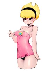 Rule 34 | 1girl, bad id, bad twitter id, black eyes, black panties, blonde hair, breasts, choker, cleavage, closed mouth, commentary, cowboy shot, dress, hairband, highres, legs together, looking at viewer, mandy (billy &amp; mandy), mandy (grim adventures), medium breasts, nail polish, panties, pantylines, pink dress, shiny clothes, shiny skin, short dress, short hair, simple background, slugbox, solo, standing, taut clothes, the grim adventures of billy &amp; mandy, thong, underwear, white background