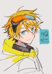 Rule 34 | 1boy, absurdres, blonde hair, blue eyes, character name, closed mouth, from side, goggles, goggles on head, grey background, hair between eyes, highres, looking at viewer, looking to the side, male focus, mrsrabbit, nijisanji, nijisanji en, portrait, short hair, simple background, solo, spiked hair, virtual youtuber, yu q. wilson