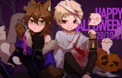 Rule 34 | 4boys, animal hands, atou haruki, bandaged head, bandages, black pants, black shirt, blonde hair, blood, bloody bandages, blue jacket, brown hair, chain, chinese commentary, commentary request, dated, fur-trimmed jacket, fur trim, ghost, gloves, green eyes, grin, hair between eyes, halloween, halloween costume, happy halloween, highres, holding, holding chain, holding lantern, isoi reiji, jack-o&#039;-lantern, jacket, kanou aogu, lantern, long sleeves, male focus, medium hair, multiple boys, open clothes, open jacket, pants, parted lips, paw gloves, red eyes, saibou shinkyoku, sanpaku, shawl, shinano eiji, shirt, short hair, sitting, sleeveless, sleeveless shirt, smile, white shawl, yikousuuu