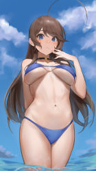 Rule 34 | 1girl, ahoge, arm behind back, bikini, black choker, blue bikini, blue eyes, blue sky, blush, breasts, brown hair, choker, cloud, commentary request, commission, cowboy shot, day, halterneck, hand up, heart, heart choker, highres, huge ahoge, legs together, looking at viewer, medium breasts, mole, mole under mouth, navel, original, outdoors, pixiv commission, sky, solo, standing, stomach, swimsuit, takita (takita3411), tareme, wading, water