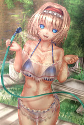 Rule 34 | 1girl, alice margatroid, bikini, blonde hair, blue bikini, blue eyes, blush, breasts, brick wall, collarbone, cowboy shot, gluteal fold, grass, hair between eyes, hairband, hands up, head tilt, highres, hip focus, hose, large breasts, looking at viewer, open mouth, outdoors, plant, potted plant, short hair, shounen (hogehoge), smile, solo, stomach, string bikini, swimsuit, thighs, touhou, walkway, water