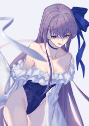 Rule 34 | 1girl, :q, bare shoulders, blue bow, blue eyes, bow, choker, collarbone, detached sleeves, fate/grand order, fate (series), flat chest, frills, hair bow, long hair, meltryllis, meltryllis (fate), meltryllis (swimsuit lancer) (fate), meltryllis (swimsuit lancer) (second ascension) (fate), one-piece swimsuit, purple hair, simple background, solo, swimsuit, tongue, tongue out, very long hair, whitem (whiteemperor2020)