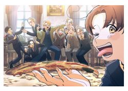 Rule 34 | &gt; &lt;, 6+boys, :d, > <, ahoge, america (hetalia), axis powers hetalia, black hair, blank eyes, blonde hair, brown eyes, brown hair, canada (hetalia), chair, china (hetalia), clenched hands, finger gun, food, formal, framed image, france (hetalia), germany (hetalia), glasses, green jacket, hands on own cheeks, hands on own face, highres, holding, holding food, holding pizza, indoors, jacket, japan (hetalia), microsoft windows, multiple boys, northern italy (hetalia), one eye closed, open mouth, pcpc onaka, perspective, pizza, pizza slice, ponytail, red curtains, russia (hetalia), smile, suit, table, thick eyebrows, tongue, tongue out, united kingdom (hetalia), xd