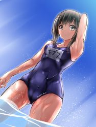 Rule 34 | 10s, 1girl, arm behind head, arm up, armpits, bad id, bad twitter id, bare shoulders, black eyes, black hair, blue one-piece swimsuit, breasts, commentary request, from below, fubuki (kancolle), highres, kantai collection, looking at viewer, looking down, midoriiro no shinzou, name tag, one-piece swimsuit, school swimsuit, short hair, solo, swimsuit, thighs, twitter username, wading, water, wet, wet clothes