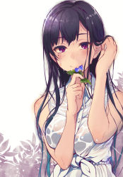Rule 34 | 1girl, ane naru mono, black bra, black hair, blue flower, bra, breasts, buttons, chiyo (ane naru mono), collared shirt, dripping, eyebrows, eyelashes, flower, flower in mouth, front-tie top, tucking hair, holding, holding flower, large breasts, leaf, long hair, mole, mole under eye, mouth hold, pochi (pochi-goya), purple eyes, see-through, shirt, simple background, skirt, sleeveless, sleeveless shirt, smile, solo, tied shirt, underwear, upper body, wet, wet clothes, wet hair, white background, white shirt, white skirt