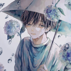 Rule 34 | 1boy, averting eyes, black hair, blue eyes, blue flower, blue shirt, blurry, blurry foreground, casual, choppy bangs, commentary, crying, crying with eyes open, flower, gradient background, grey background, grey shirt, grey umbrella, hair between eyes, hair over eyes, highres, hydrangea, leaf, lips, male focus, multicolored shirt, muted color, original, parted lips, patchwork, pink lips, plant, rain, sad, shirt, short hair, t-shirt, tears, upper body, water, water drop, white background, white shirt
