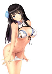 Rule 34 | 1girl, absurdres, adapted costume, black hair, bra, breasts, cleavage, cowboy shot, flower, front-tie bra, front-tie top, hair flower, hair ornament, head tilt, highres, large breasts, leaning forward, lingerie, long hair, looking at viewer, navel, original, panties, panty pull, parted lips, ping-yi (tony taka), pulling own clothes, scan, sidelocks, simple background, smile, solo, tony taka, underwear, underwear only, white background, white bra, white panties