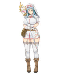 Rule 34 | 1girl, blue hair, breast lift, breasts, brown footwear, covered erect nipples, curvy, dress, freckles, full body, garter straps, gloves, hat, highres, holding, holding staff, large breasts, long hair, looking at viewer, nino (pixiv 64539552), original, plump, pouch, short sleeves, solo, staff, tachi-e, thighhighs, white dress, white gloves, white hat, white thighhighs, yellow eyes